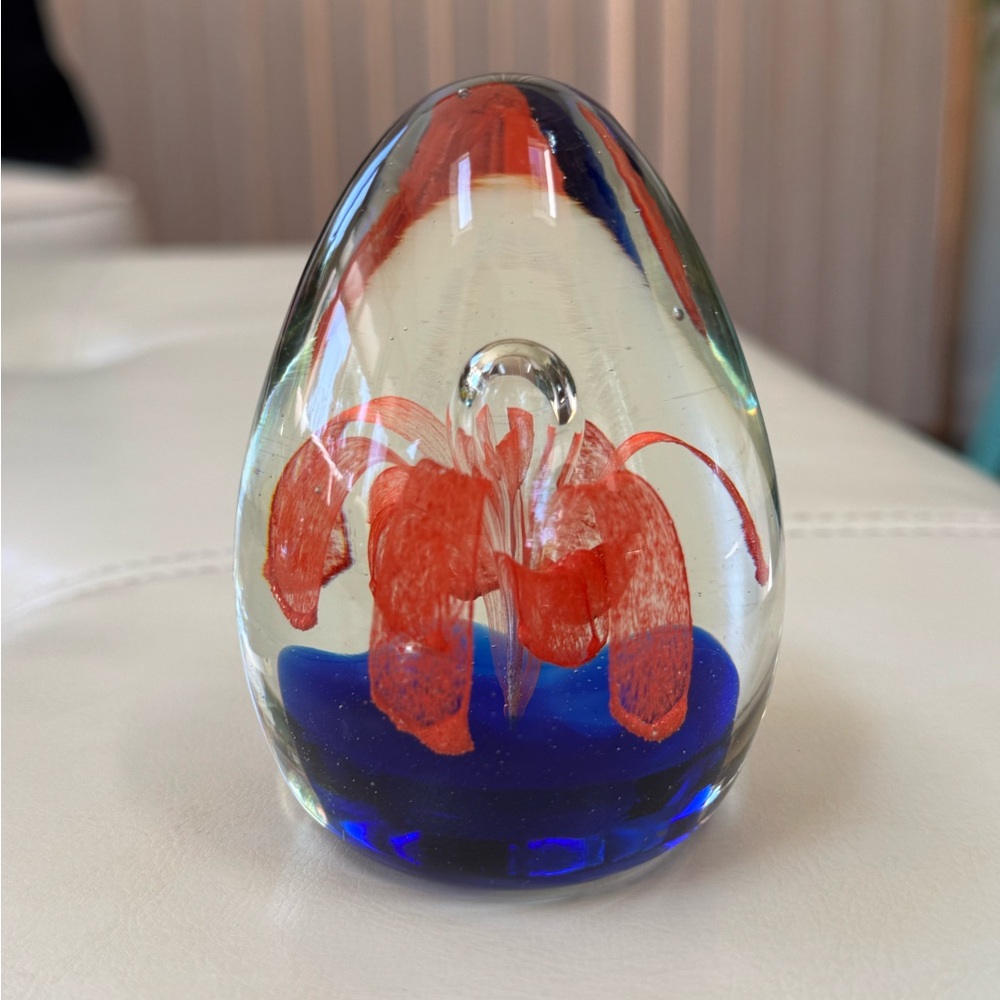 Handcrafted Glass Art Egg Paperweight with Orange and Blue Accents